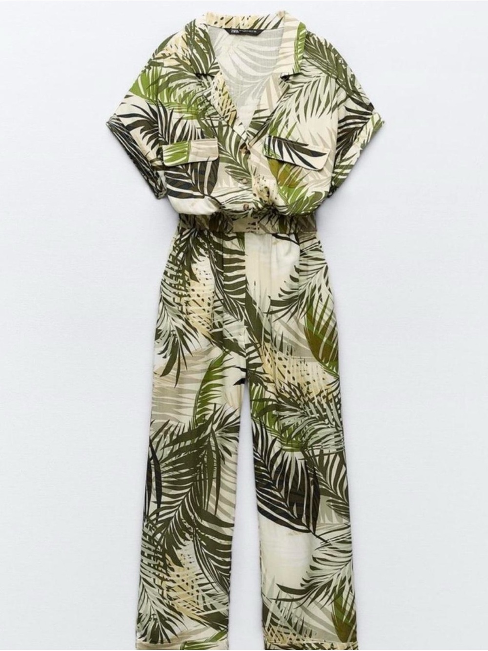 Zara Tropical Leaf Print Utility Jumpsuit in Green